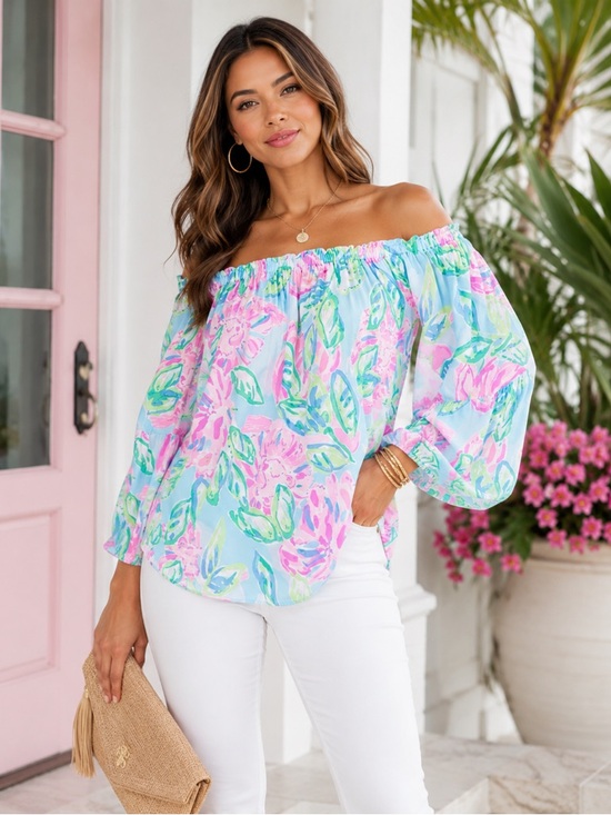 Lilly Pulitzer Tops - Like New Lilly Pulitzer Off-Shoulder Top With Flowing Bell Sleeves